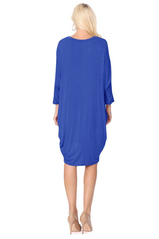 Solid Knit Dress - Crew Neck, Dolman Sleeves, Grecian Draped Sides
