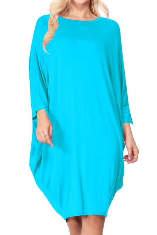 Solid Knit Dress - Crew Neck, Dolman Sleeves, Grecian Draped Sides