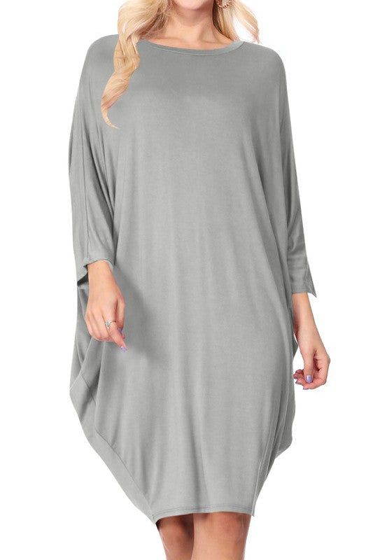 Solid Knit Dress - Crew Neck, Dolman Sleeves, Grecian Draped Sides