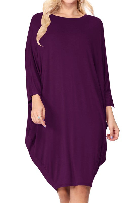 Solid Knit Dress - Crew Neck, Dolman Sleeves, Grecian Draped Sides