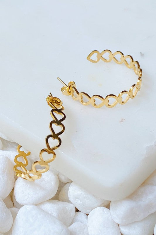 18k Gold Linked Heart Hoop Earrings - Classy and Chic Cutout Design