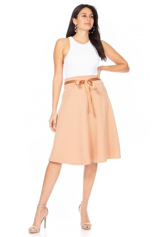 MOA Collection Solid A-line Knee Length Skirt - Waist Bow Tie Accent