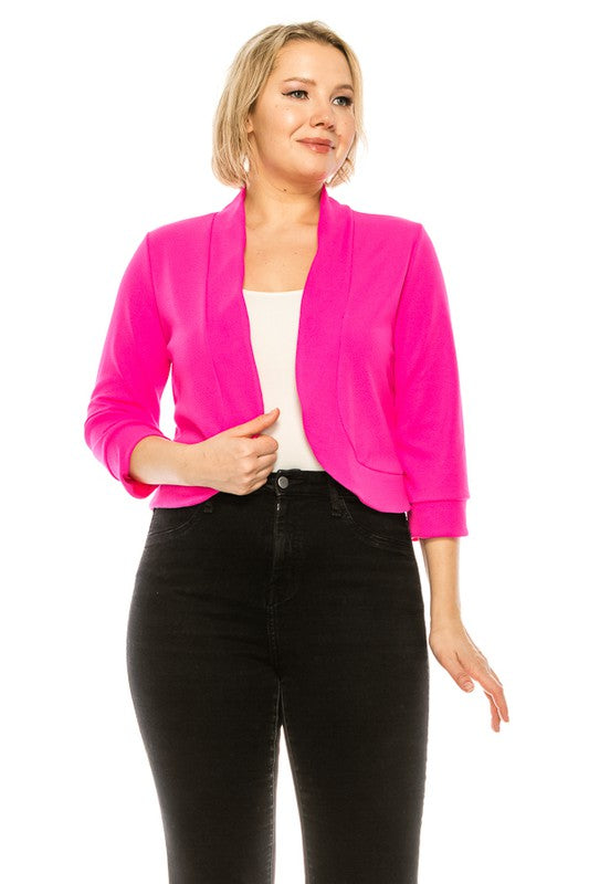MOA Plus Size Solid Blazer Cardigan Waist Length Open Front 3/4 Sleeves