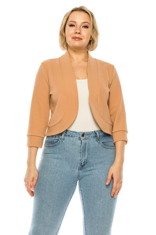 MOA Plus Size Solid Blazer Cardigan Waist Length Open Front 3/4 Sleeves