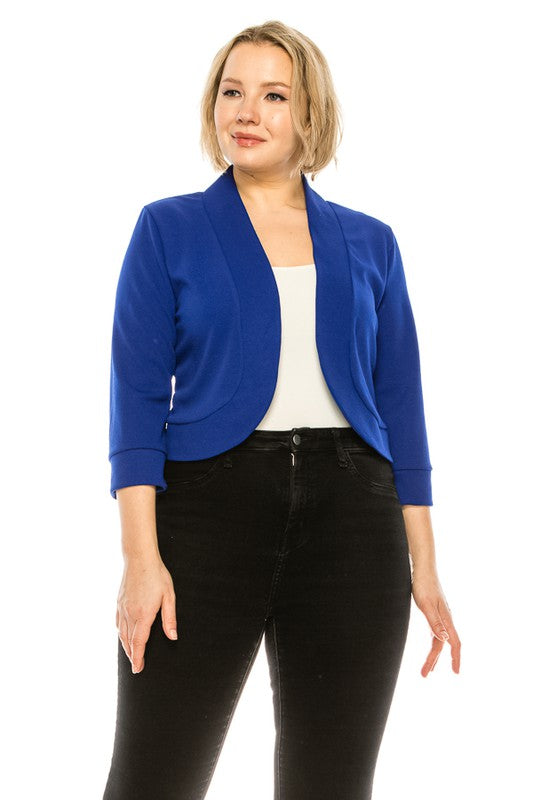 MOA Plus Size Solid Blazer Cardigan Waist Length Open Front 3/4 Sleeves