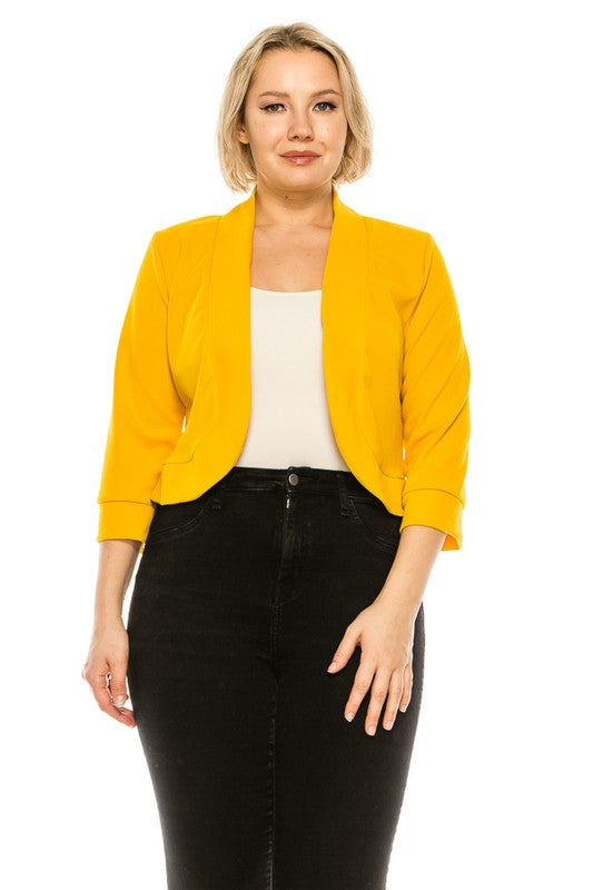 MOA Plus Size Solid Blazer Cardigan Waist Length Open Front 3/4 Sleeves