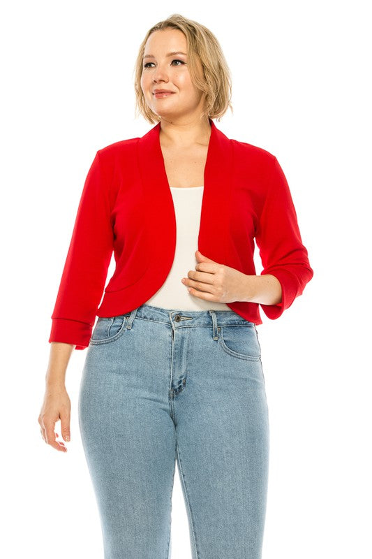 MOA Plus Size Solid Blazer Cardigan Waist Length Open Front 3/4 Sleeves