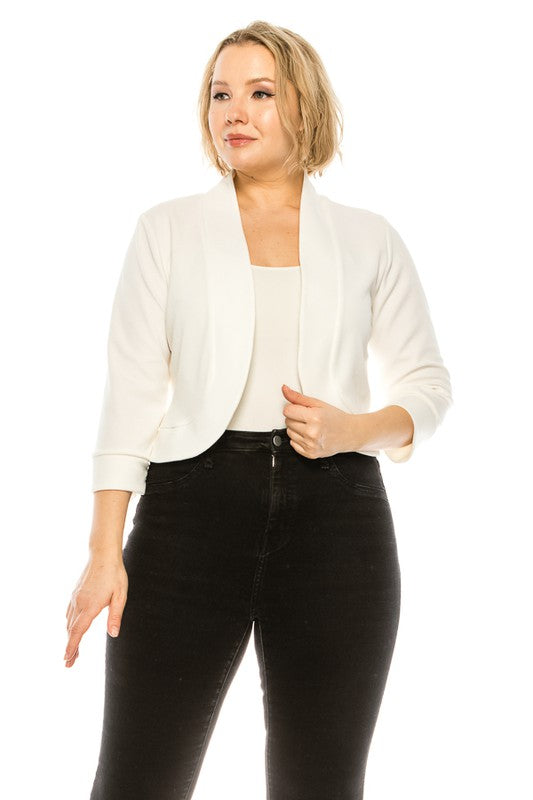MOA Plus Size Solid Blazer Cardigan Waist Length Open Front 3/4 Sleeves