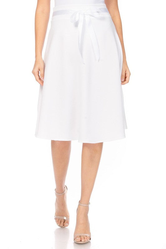 MOA Collection Solid A-line Knee Length Skirt - Waist Bow Tie Accent
