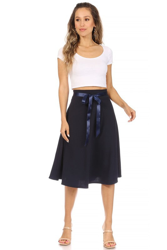 MOA Collection Solid A-line Knee Length Skirt - Waist Bow Tie Accent