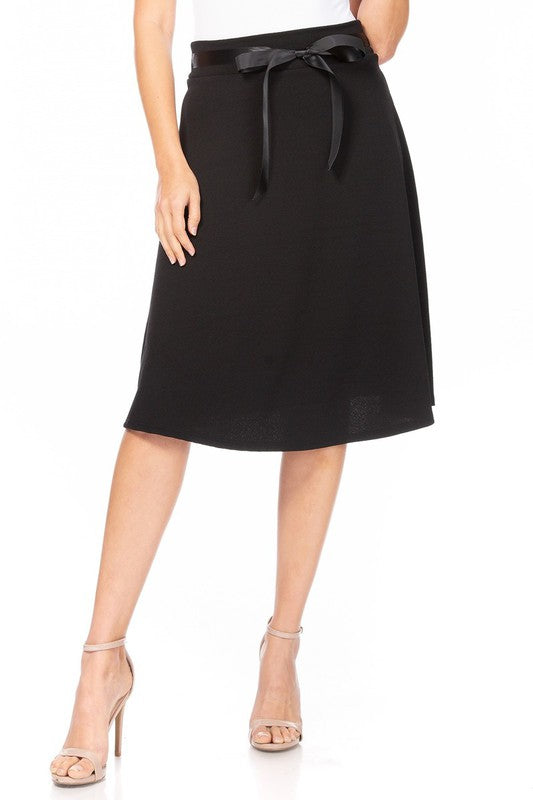 MOA Collection Solid A-line Knee Length Skirt - Waist Bow Tie Accent