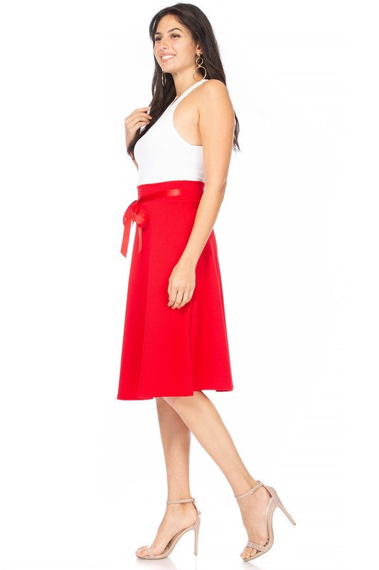 MOA Collection Solid A-line Knee Length Skirt - Waist Bow Tie Accent