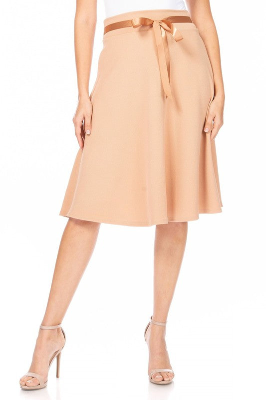 MOA Collection Solid A-line Knee Length Skirt - Waist Bow Tie Accent