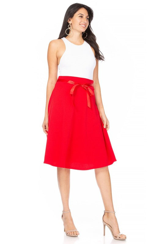 MOA Collection Solid A-line Knee Length Skirt - Waist Bow Tie Accent