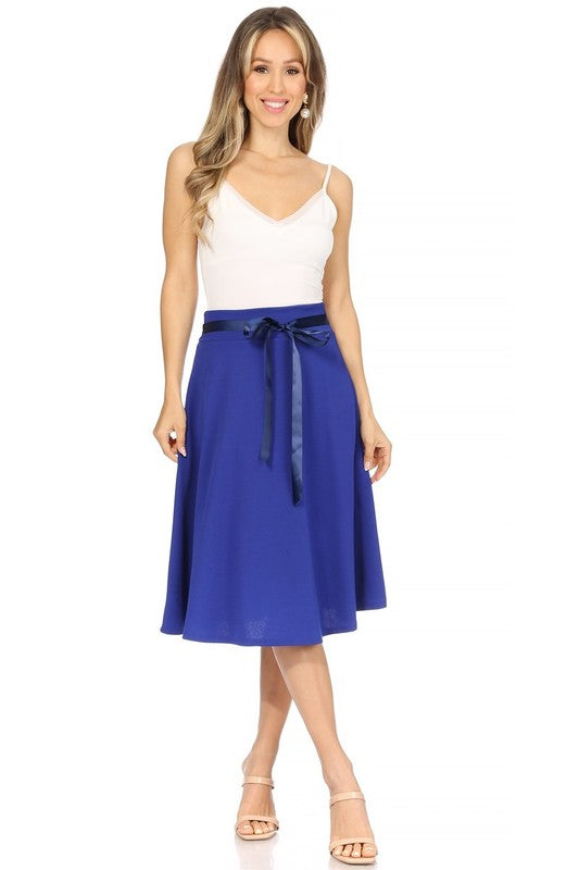 MOA Collection Solid A-line Knee Length Skirt - Waist Bow Tie Accent