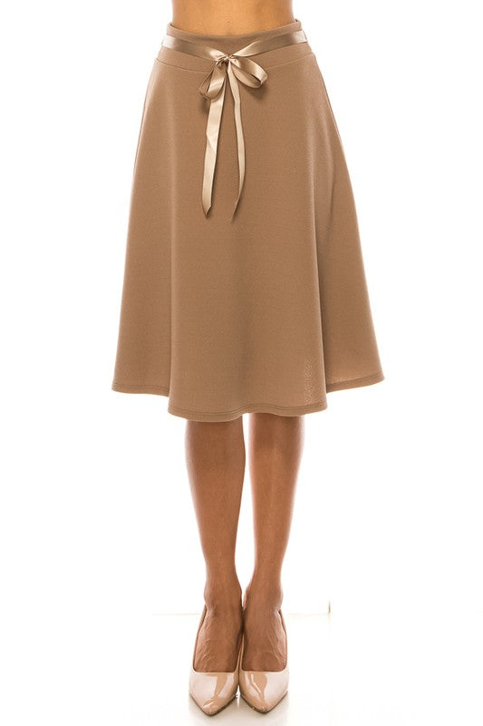 MOA Collection Solid A-line Knee Length Skirt - Waist Bow Tie Accent