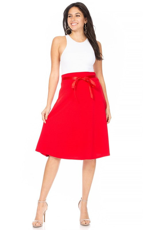 MOA Collection Solid A-line Knee Length Skirt - Waist Bow Tie Accent
