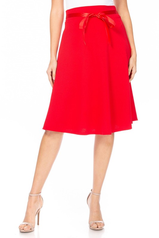 MOA Collection Solid A-line Knee Length Skirt - Waist Bow Tie Accent