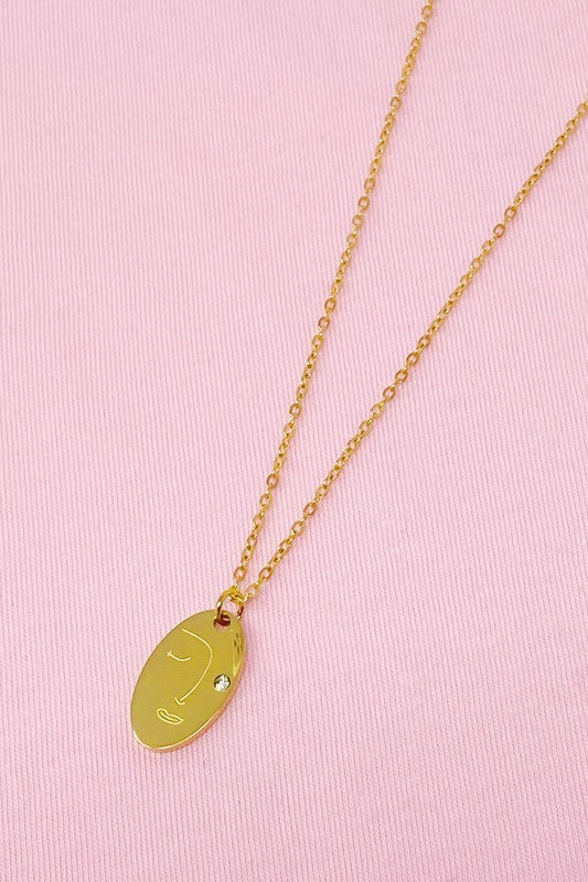 18k Gold Oblong Face Necklace - Unique Pendant with Cubic Zirconia, Exclusive Design!