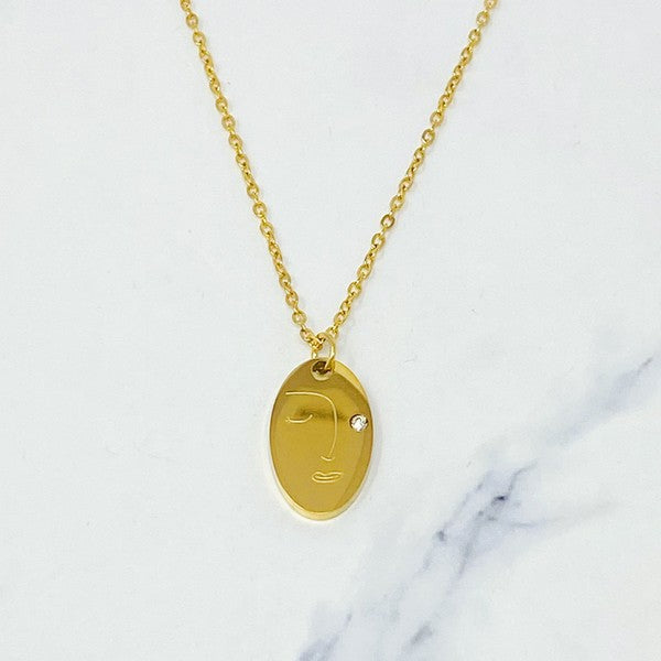 18k Gold Oblong Face Necklace - Unique Pendant with Cubic Zirconia, Exclusive Design!