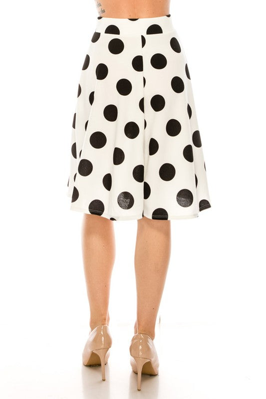 Polka Dot High Waisted Knee Length Skirt - A-Line Silhouette, Elastic Waistband