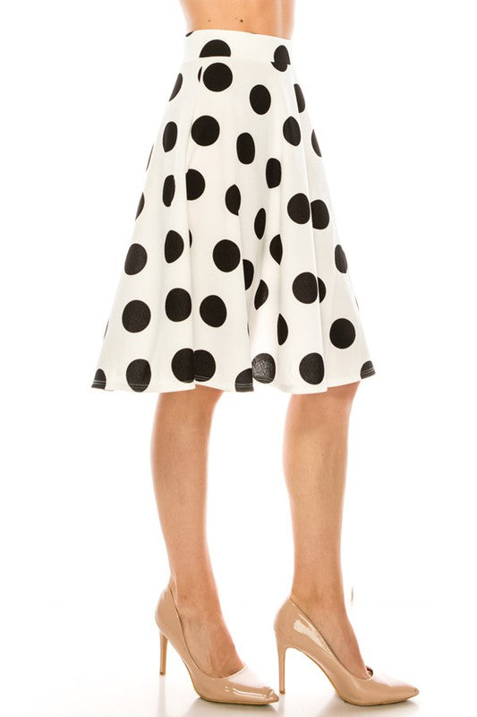 Polka Dot High Waisted Knee Length Skirt - A-Line Silhouette, Elastic Waistband