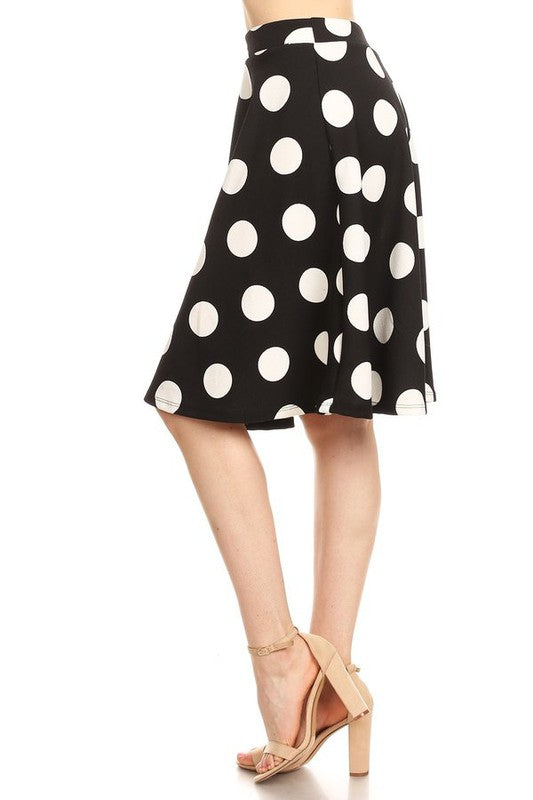 Polka Dot High Waisted Knee Length Skirt - A-Line Silhouette, Elastic Waistband