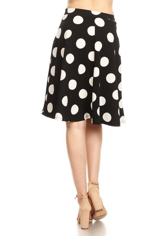 Polka Dot High Waisted Knee Length Skirt - A-Line Silhouette, Elastic Waistband