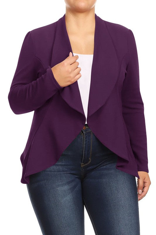 MOA Collection Plus Casual Solid Open Front Asymmetric Hem Jacket Blazer
