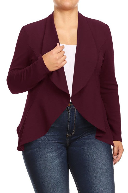 MOA Collection Plus Casual Solid Open Front Asymmetric Hem Jacket Blazer