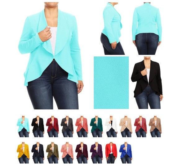 MOA Collection Plus Casual Solid Open Front Asymmetric Hem Jacket Blazer