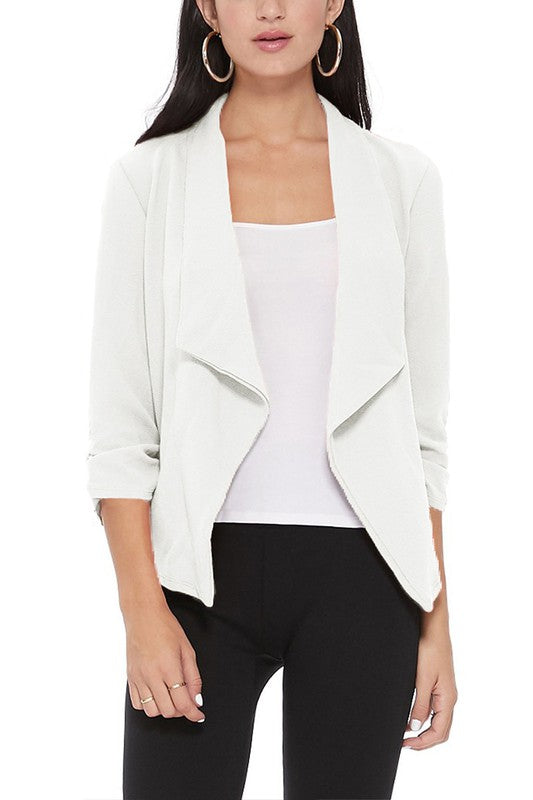 MOA Collection Solid Waist-Length Blazer Jacket with Ruched 3/4 Sleeves