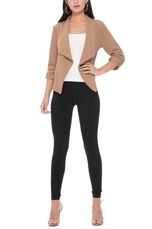 MOA Collection Solid Waist-Length Blazer Jacket with Ruched 3/4 Sleeves