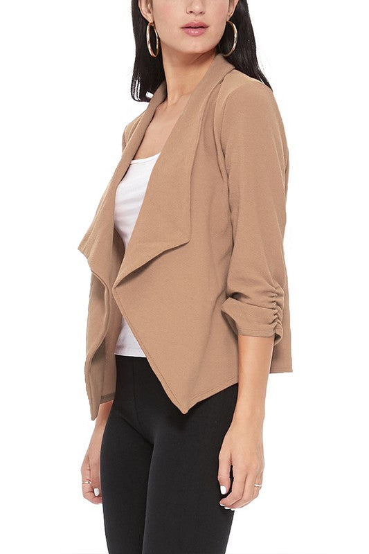 MOA Collection Solid Waist-Length Blazer Jacket with Ruched 3/4 Sleeves
