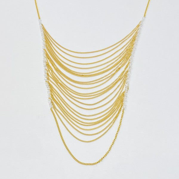 18K Gold Arched Chain Drop Necklace with Clear Glass Beads