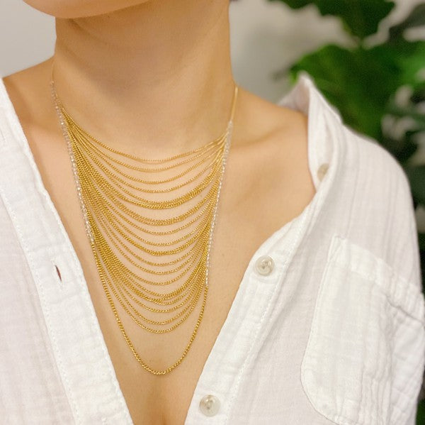 18K Gold Arched Chain Drop Necklace with Clear Glass Beads