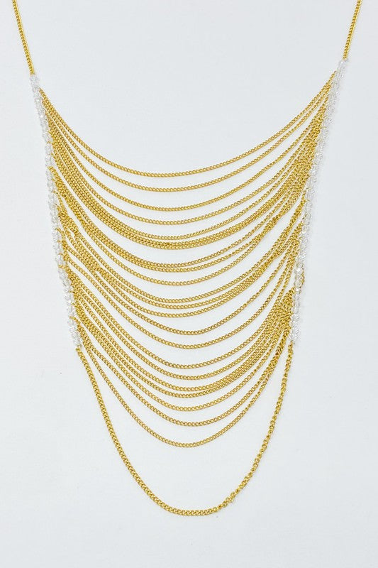 18K Gold Arched Chain Drop Necklace with Clear Glass Beads