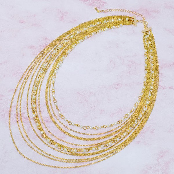 18K Gold Draping Pearl & Chain Necklace - 12 Layers, Exquisite Mix