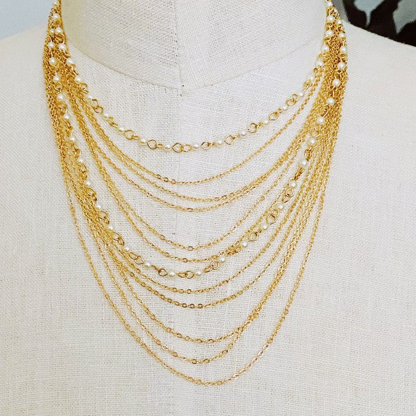 18K Gold Draping Pearl & Chain Necklace - 12 Layers, Exquisite Mix