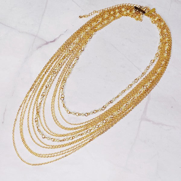 18K Gold Draping Pearl & Chain Necklace - 12 Layers, Exquisite Mix