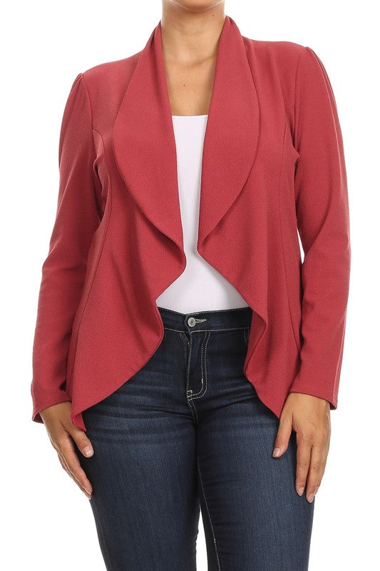 MOA Collection Plus Casual Solid Open Front Asymmetric Hem Jacket Blazer