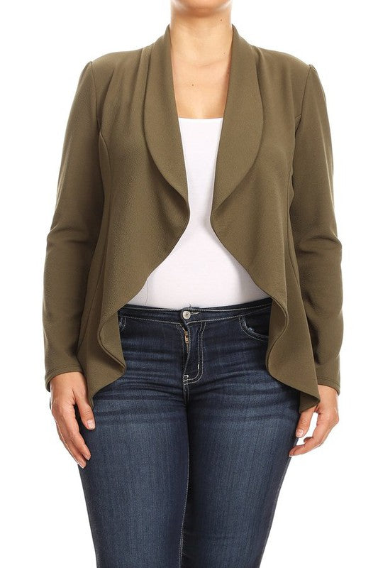MOA Collection Plus Casual Solid Open Front Asymmetric Hem Jacket Blazer