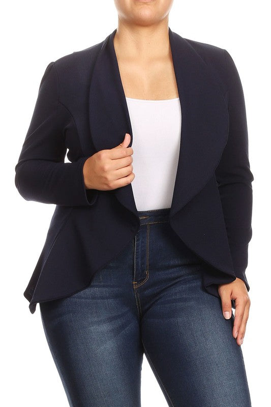 MOA Collection Plus Casual Solid Open Front Asymmetric Hem Jacket Blazer