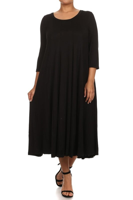 Solid 3/4 Sleeve Midi Dress - Relaxed Style with Scoop Neck and Pleated Detailing