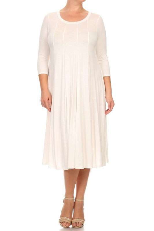 Solid 3/4 Sleeve Midi Dress - Relaxed Style with Scoop Neck and Pleated Detailing