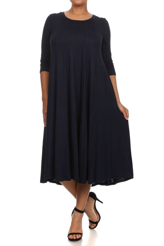 Solid 3/4 Sleeve Midi Dress - Relaxed Style with Scoop Neck and Pleated Detailing