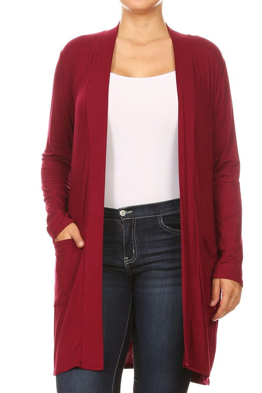 Plus Size Loose Fit Knee Length Duster Cardigan - Open Front, Long Sleeves, Side Pockets
