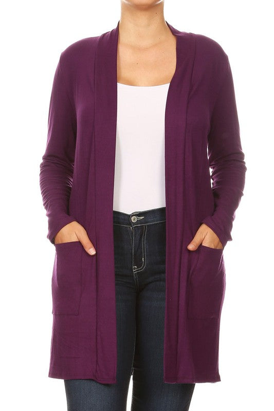 Plus Size Loose Fit Knee Length Duster Cardigan - Open Front, Long Sleeves, Side Pockets