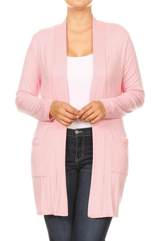 Plus Size Loose Fit Knee Length Duster Cardigan - Open Front, Long Sleeves, Side Pockets