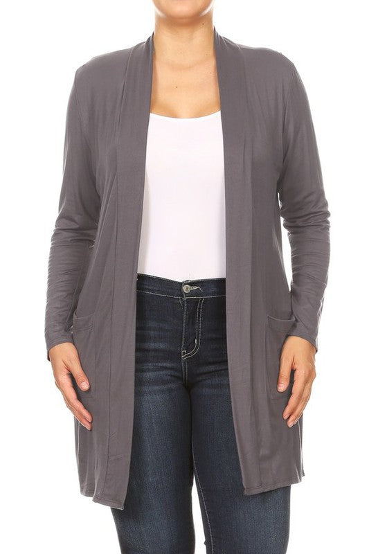 Plus Size Loose Fit Knee Length Duster Cardigan - Open Front, Long Sleeves, Side Pockets